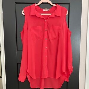 Calvin Klein Bright Red, Long Sleeve Cold Shoulder High/Low Blouse.  Size XL